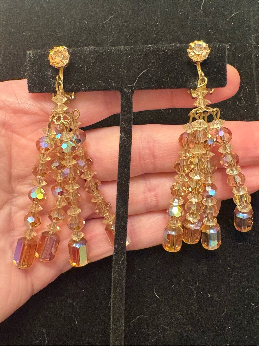 Vintage 1950s Aurora Borealis Crystal Waterfall Chandelier Clip On Earrings